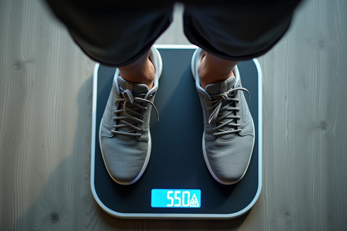 Homme debout sur une balance numérique vue de dessus