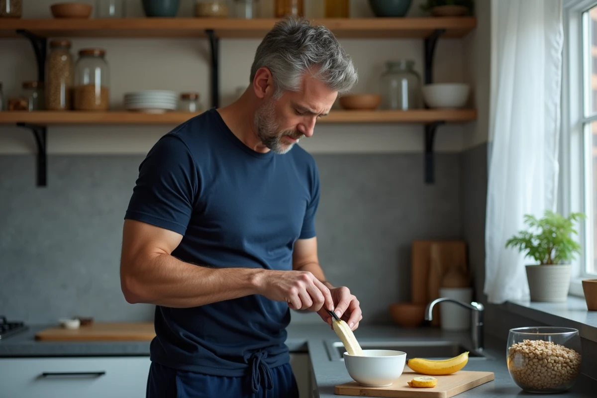 Homme préparant un bol de yaourt à la banane le soir dans sa cuisine