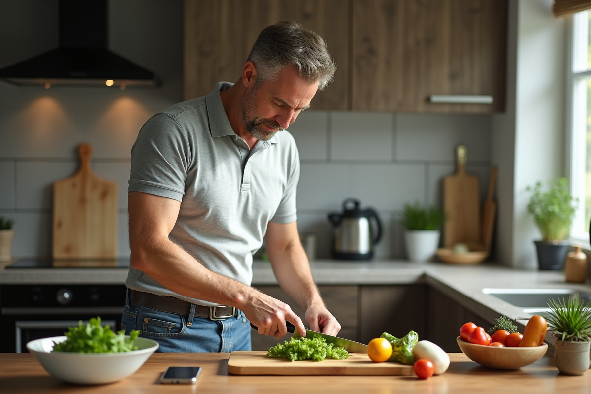 Homme préparant une salade dans une cuisine moderne