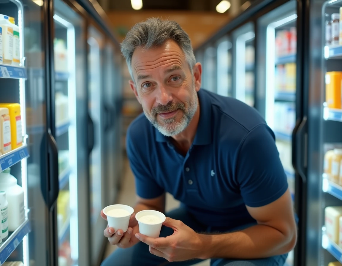 Homme comparant deux yaourts allégés dans le rayon produits laitiers d'un supermarché
