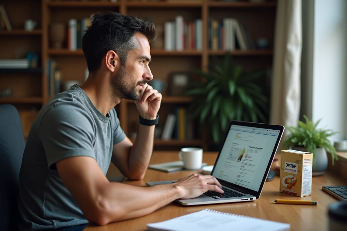 Homme recherchant des avis consommateurs sur un complément minceur IT Works devant son ordinateur