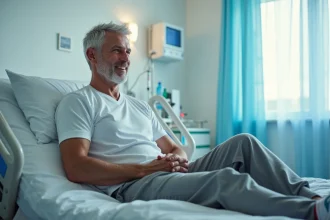 Homme d'âge moyen en tenue de sport dans un lit d'hôpital
