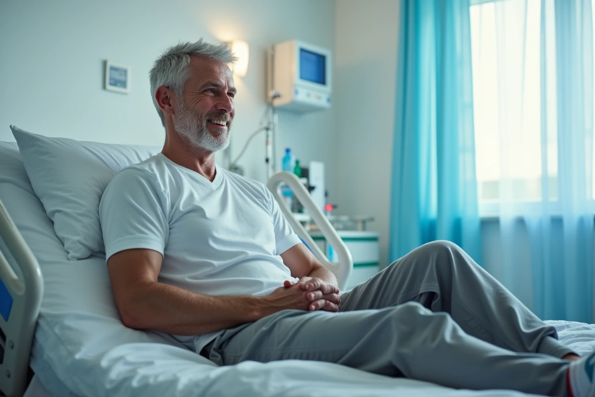 Homme d'âge moyen en tenue de sport dans un lit d'hôpital