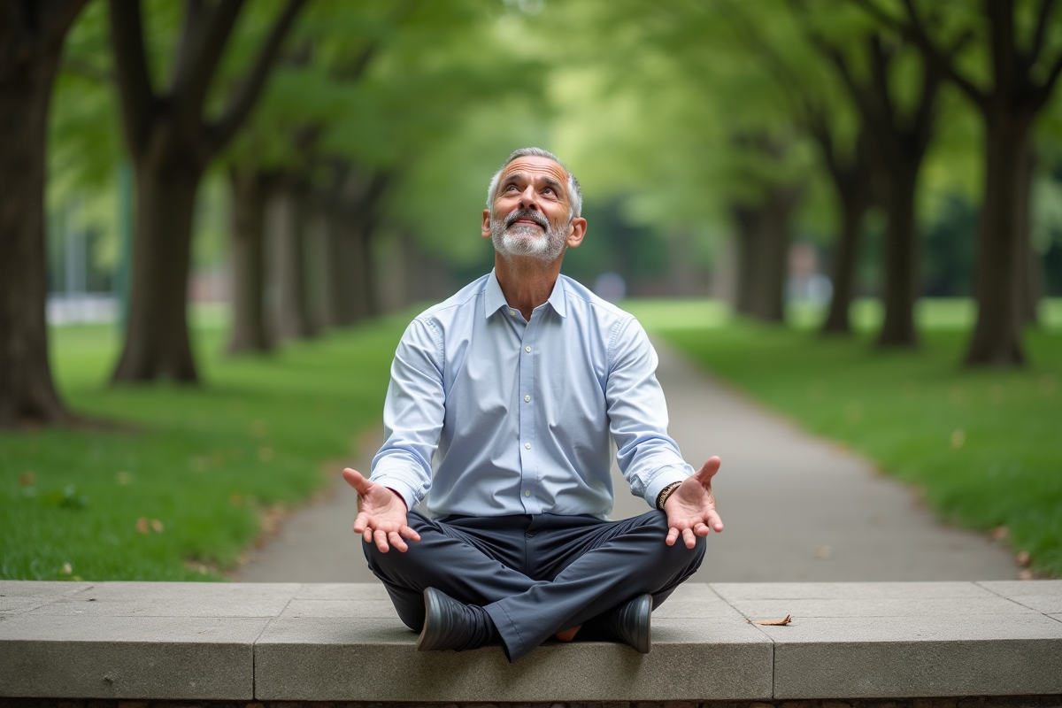 Homme assis sur un banc dans un parc calme et verdoyant