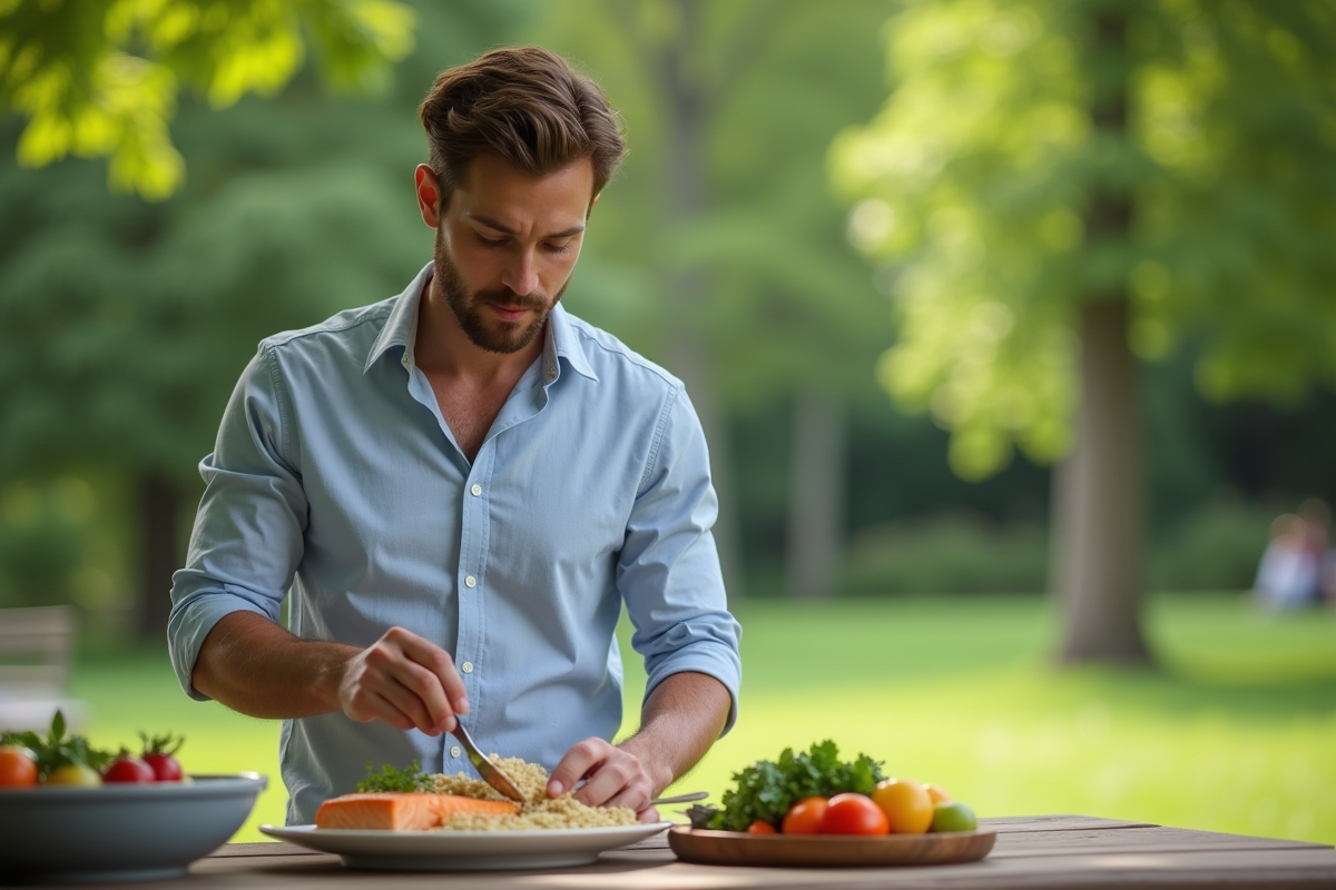 Homme assemble un repas sain en plein air dans un parc