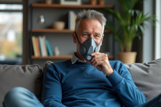 Homme d'âge moyen avec masque respiratoire dans un salon moderne