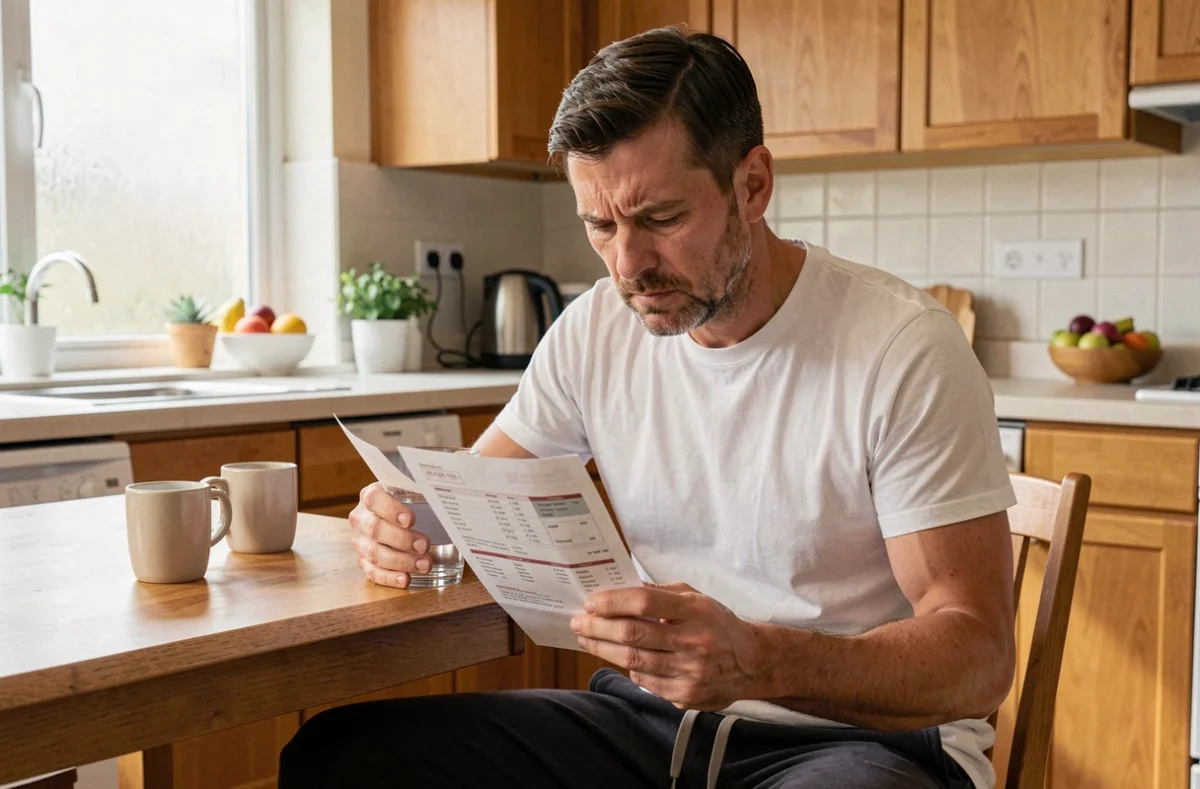 Homme adulte fatigué lisant ses résultats d'analyse sanguine montrant un VGM élevé à la maison