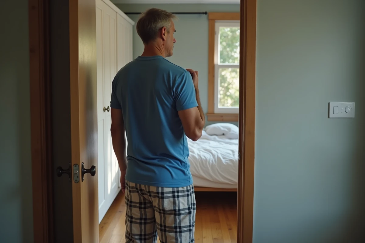 Homme en pyjama regardant pensif pr&egrave;s de la porte de chambre