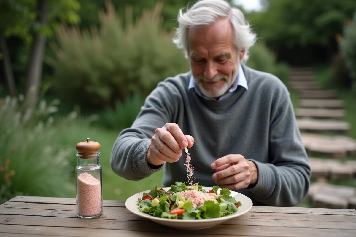 Homme saupoudre du sel sur une salade en plein air