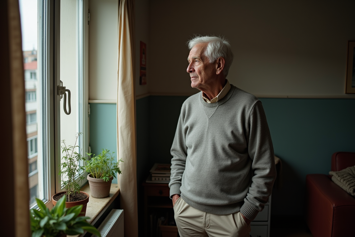 Homme âgé regardant par la fenêtre dans un appartement urbain