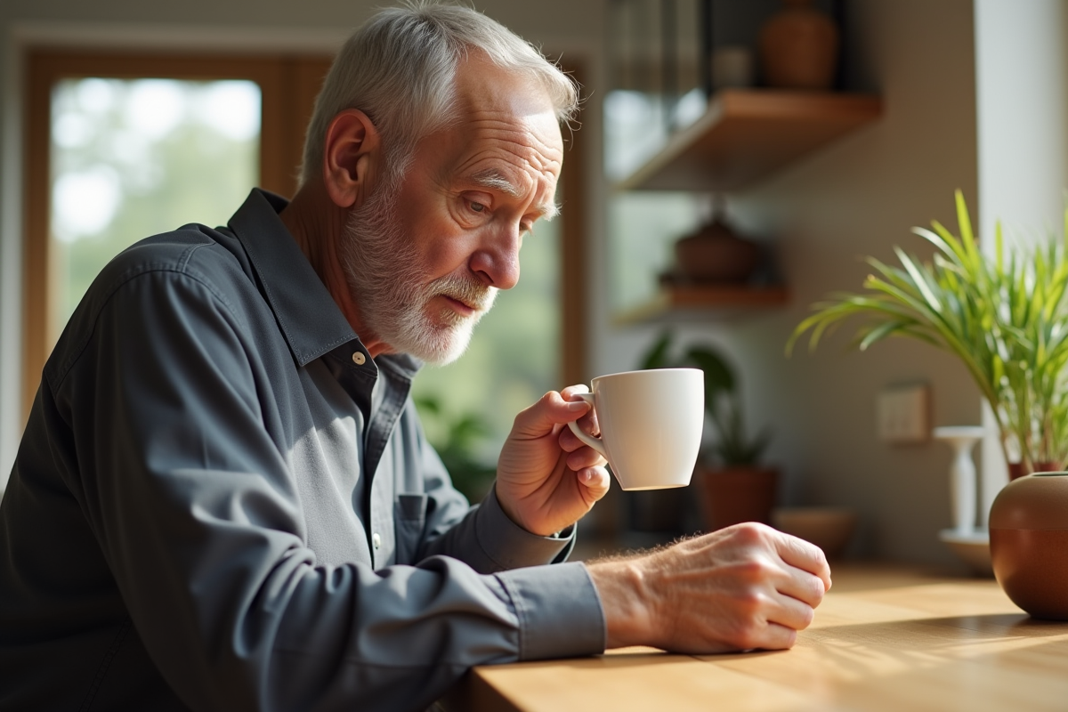 Homme age savourant son cafe au matin dans la cuisine