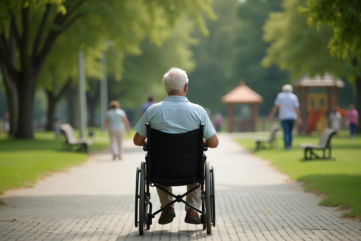 Homme senior en fauteuil roulant dans un parc paisible