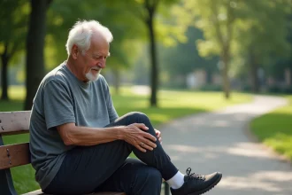 Homme senior assis sur un banc dans un parc urbain