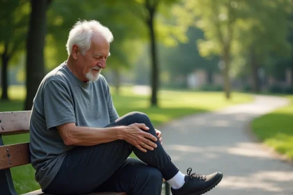 Homme senior assis sur un banc dans un parc urbain