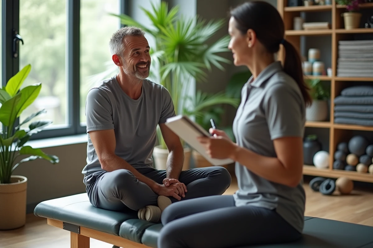 Homme d age parlant de douleurs dorsales avec osteopathe