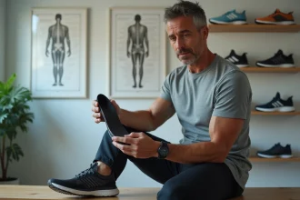 Homme d'âge moyen en tenue sportive retire sa chaussure pour voir l'insert