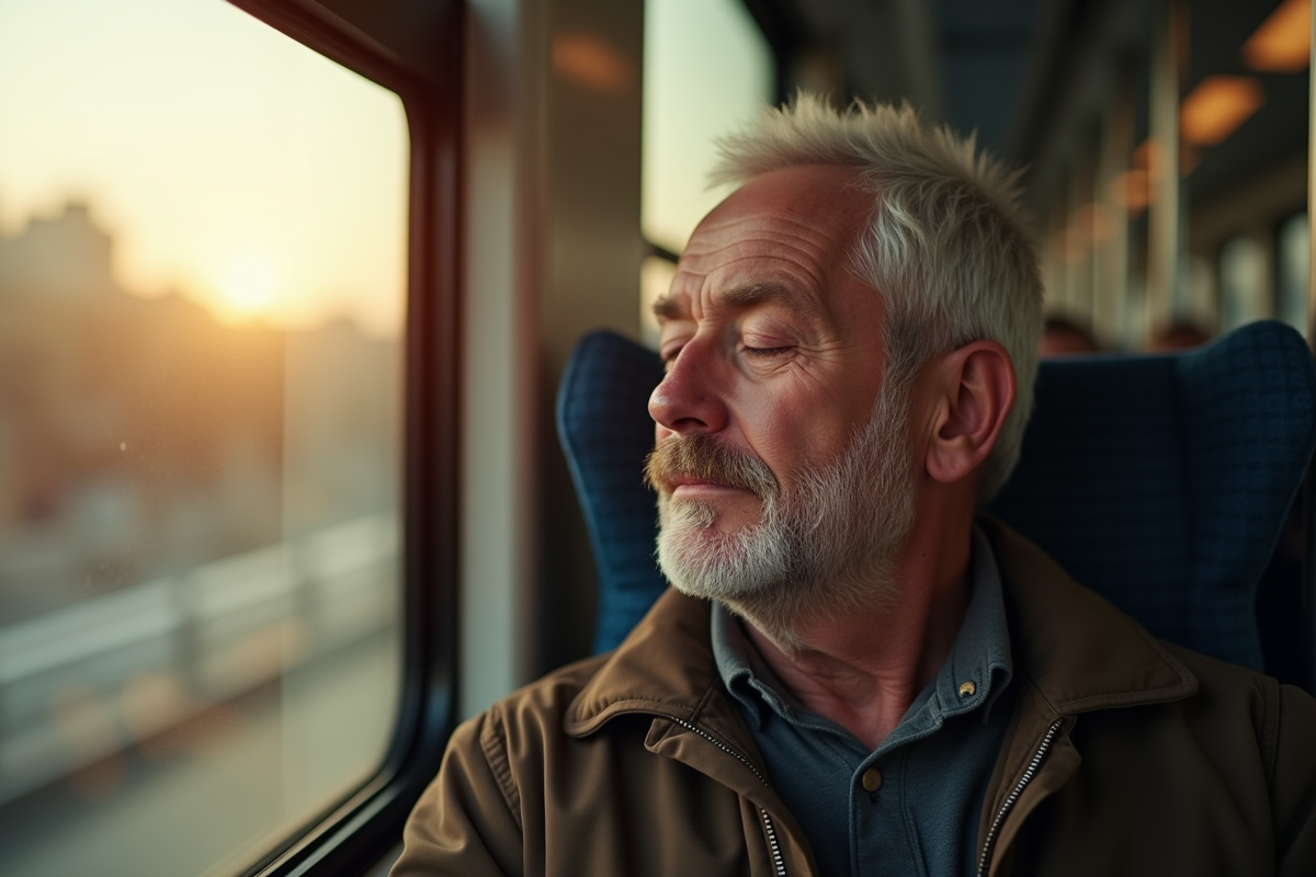 Homme fatigué dans le transport en commun le matin