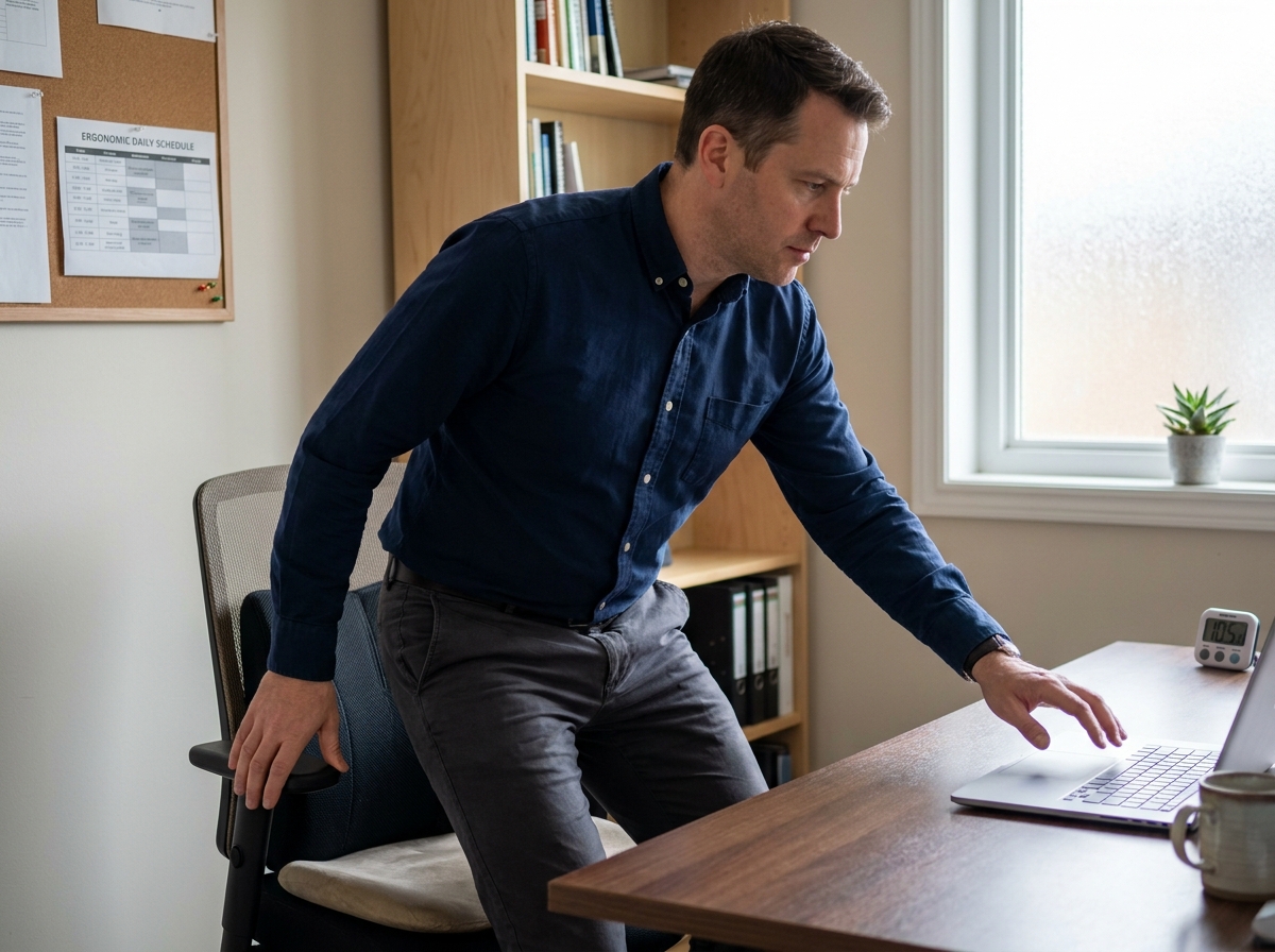 Homme en pause de transition assis-debout dans un bureau privé avec accessoires ergonomiques et planning affiché
