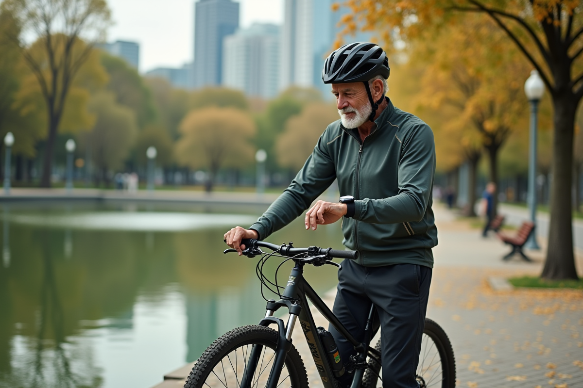 Homme d age vérifiant sa montre à côté de son vélo dans un parc