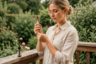 Femme appliquant une huile essentielle anti-moustiques sur son poignet sur une terrasse en bois entourée de végétation verte