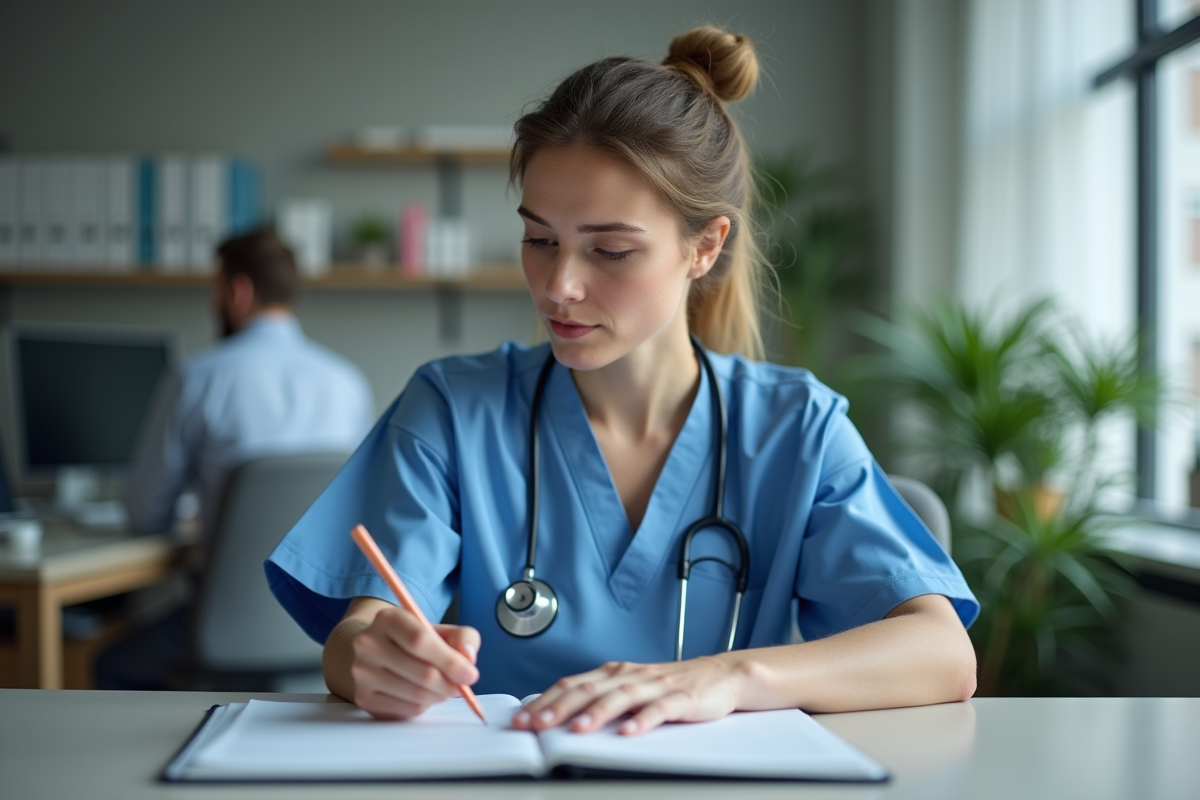 Infirmière assise au bureau en train d