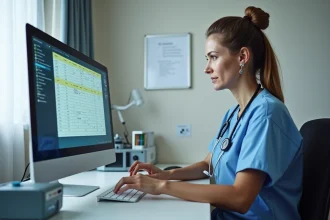 Infirmière en EHPAD configurant le logiciel NETSoins sur un poste de travail informatique
