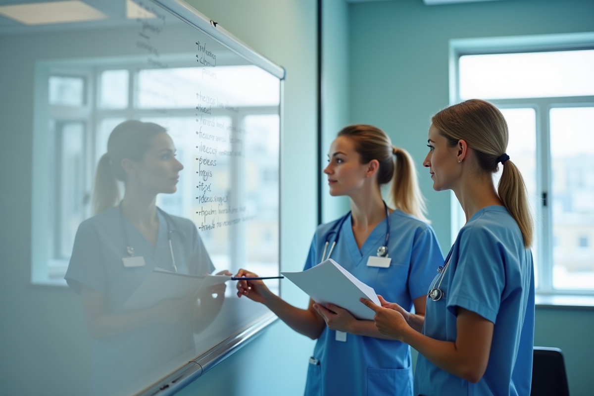 Infirmiers collaborant devant un tableau blanc en réunion