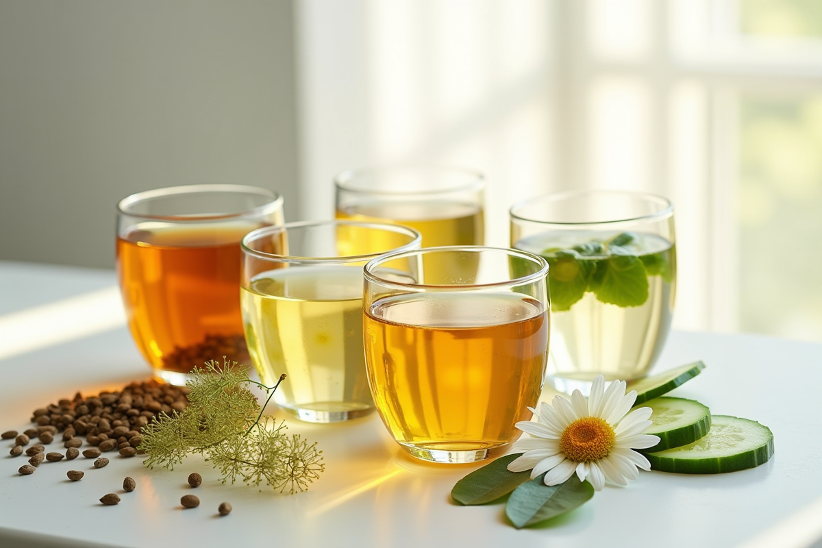 Verres d infusions aux herbes avec fenouil et concombre sur une table blanche