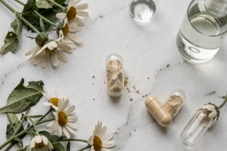 Ingrédients naturels et botaniques de Kalinoe disposés en flat lay sur marbre blanc avec capsules ouvertes et poudre végétale