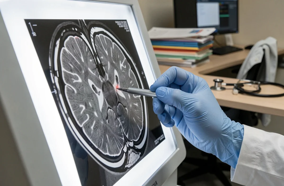 IRM cérébrale sur négatoscope montrant la région de l'hippocampe pointée par un médecin, dans le cadre du diagnostic de la maladie d'Alzheimer