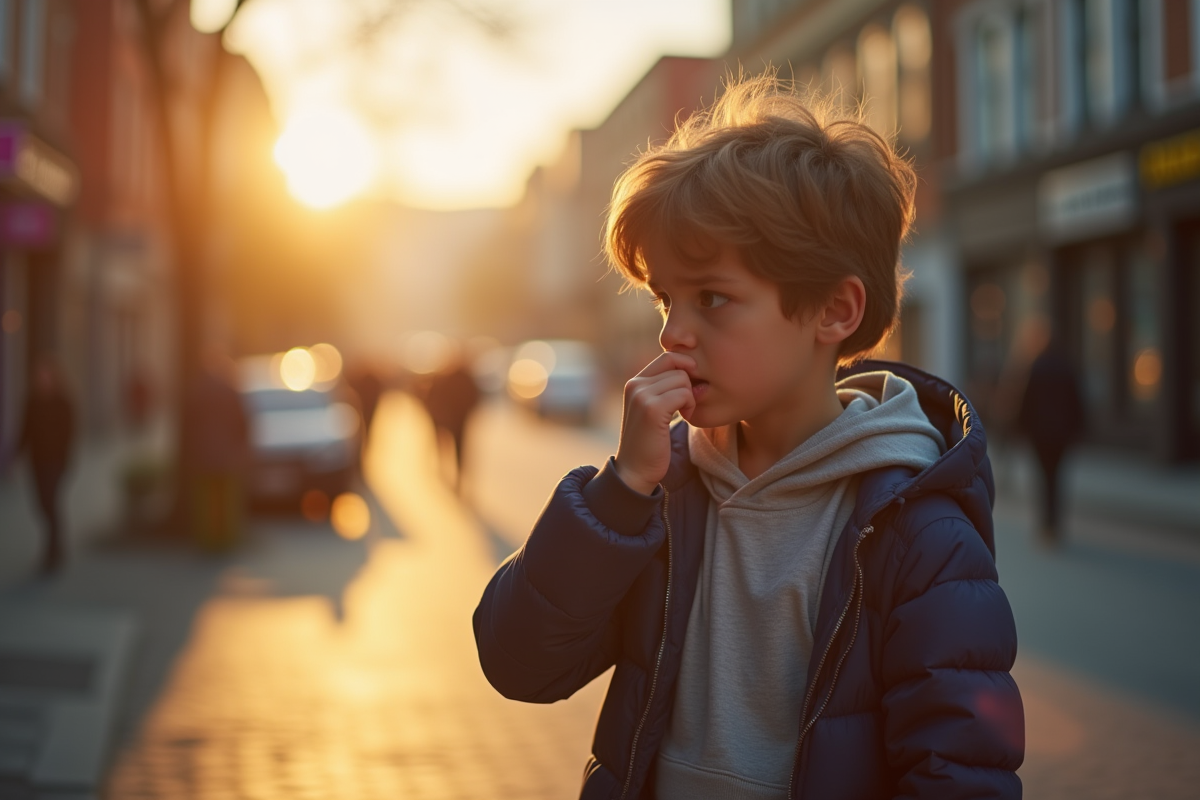 Jeune adulte toussant dans le coude en rue urbaine ensoleillee