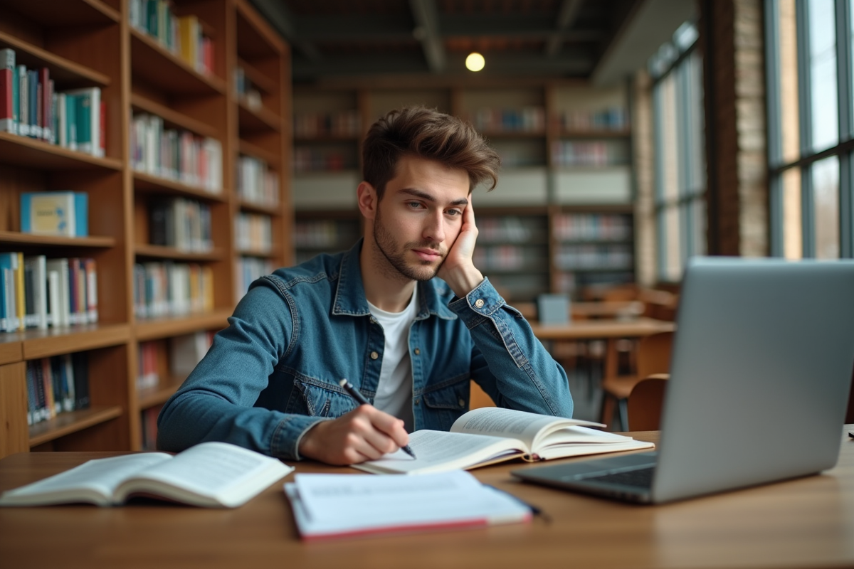Jeune étudiant en psychologie à la bibliothèque
