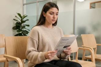 Jeune femme dans une salle d'attente médicale tenant une brochure, représentant une patiente attendant un suivi gynécologique pour lésion malpighienne intra-épithéliale de haut grade