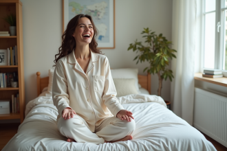 Jeune femme en pyjama s'étire dans une chambre lumineuse