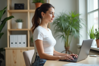 Jeune femme portant un correcteur de posture au bureau