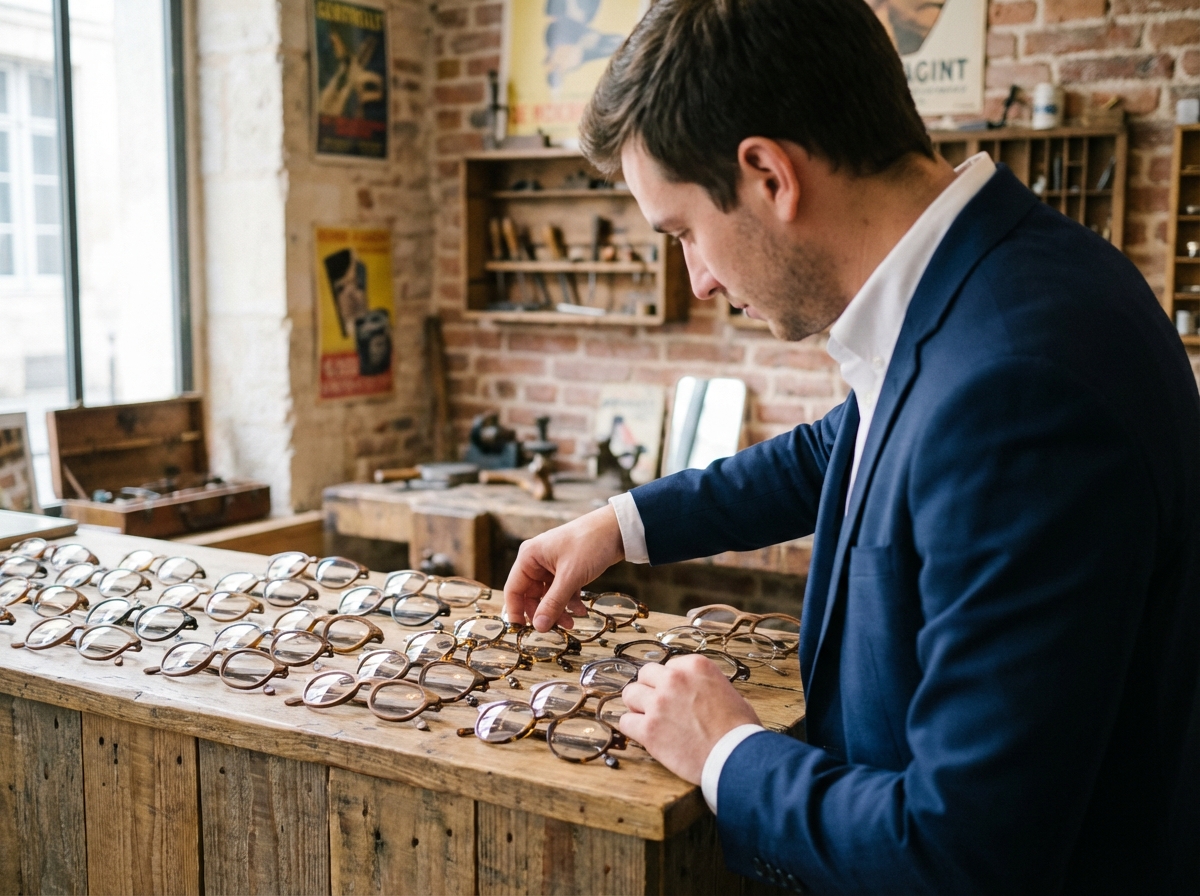 Jeune homme examine des montures dans un atelier optique à Bordeaux