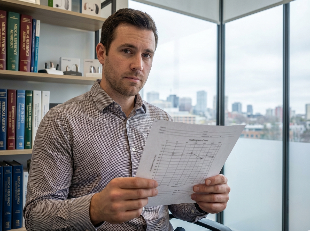 Jeune homme tenant un audiogramme dans un bureau moderne