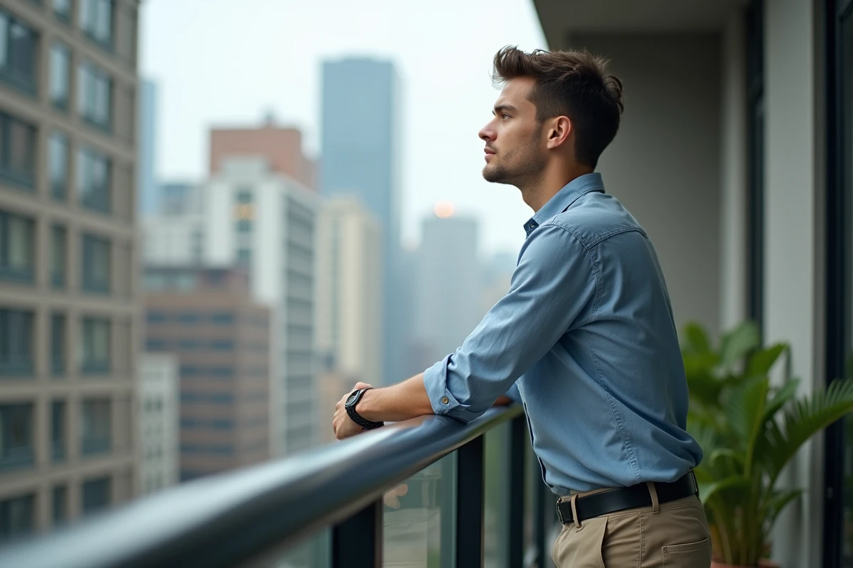 Jeune homme regardant la ville depuis un balcon urbain