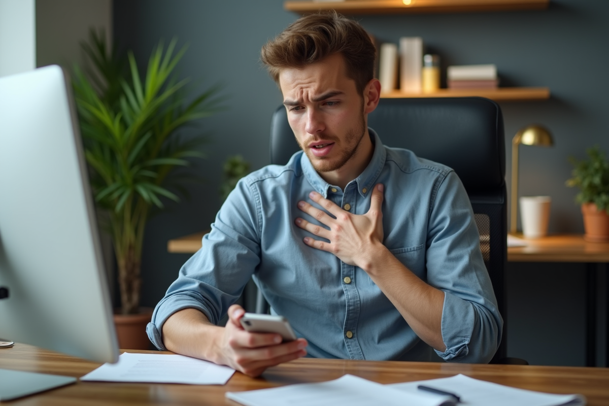 Jeune homme au bureau regardant son téléphone avec inquiétude