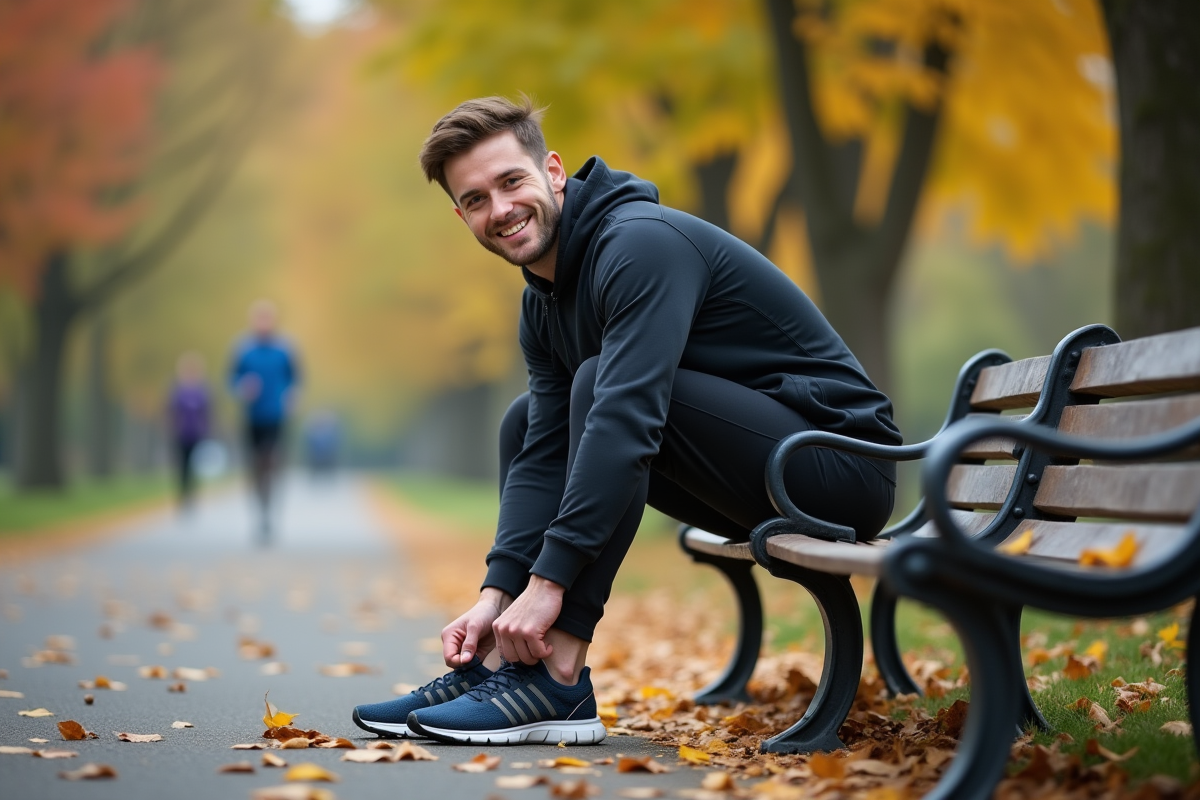 Jeune homme en tenue de sport préparant sa course dans le parc