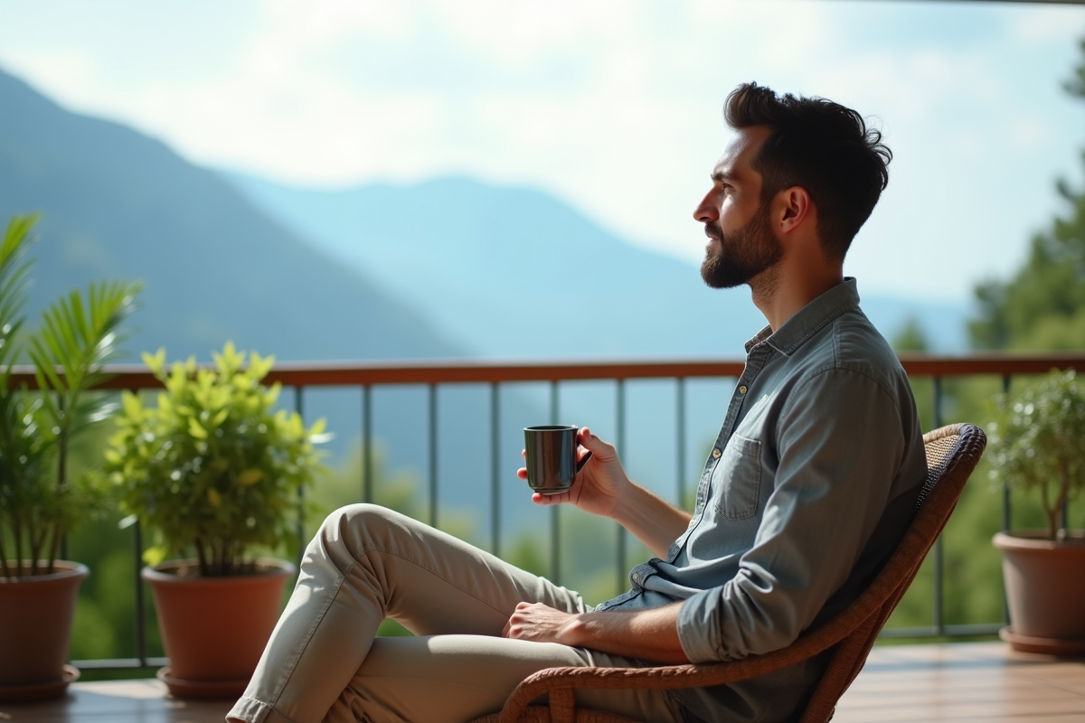 Jeune homme relaxant sur une terrasse avec vue sur les montagnes