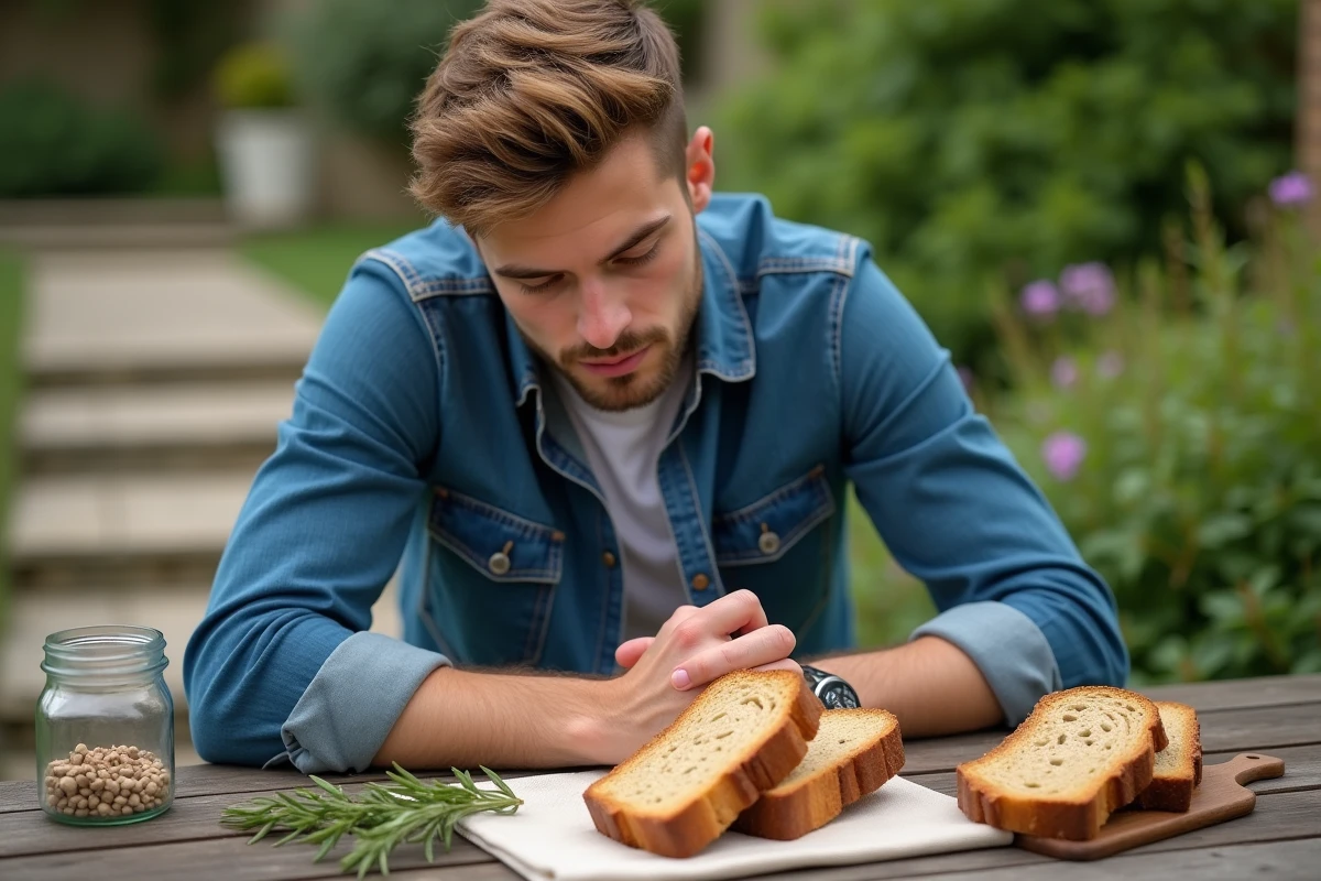 Jeune homme regardant des tranches de pain de seigle &agrave; l