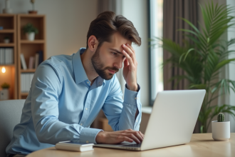 Jeune homme frustré travaillant à son bureau intérieur