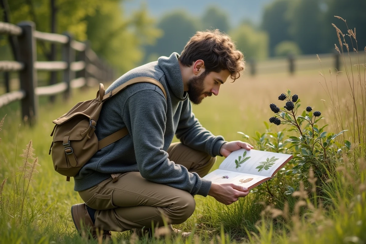 Jeune homme étudiant des sloes avec guide en plein air