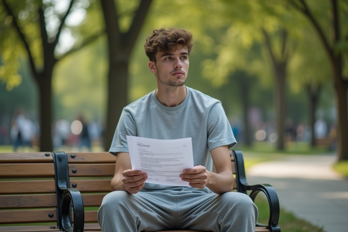 Jeune homme lisant un rapport médical en plein air