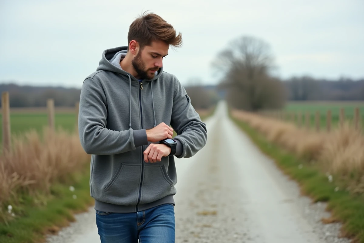 Jeune homme vérifiant son application de marche en campagne