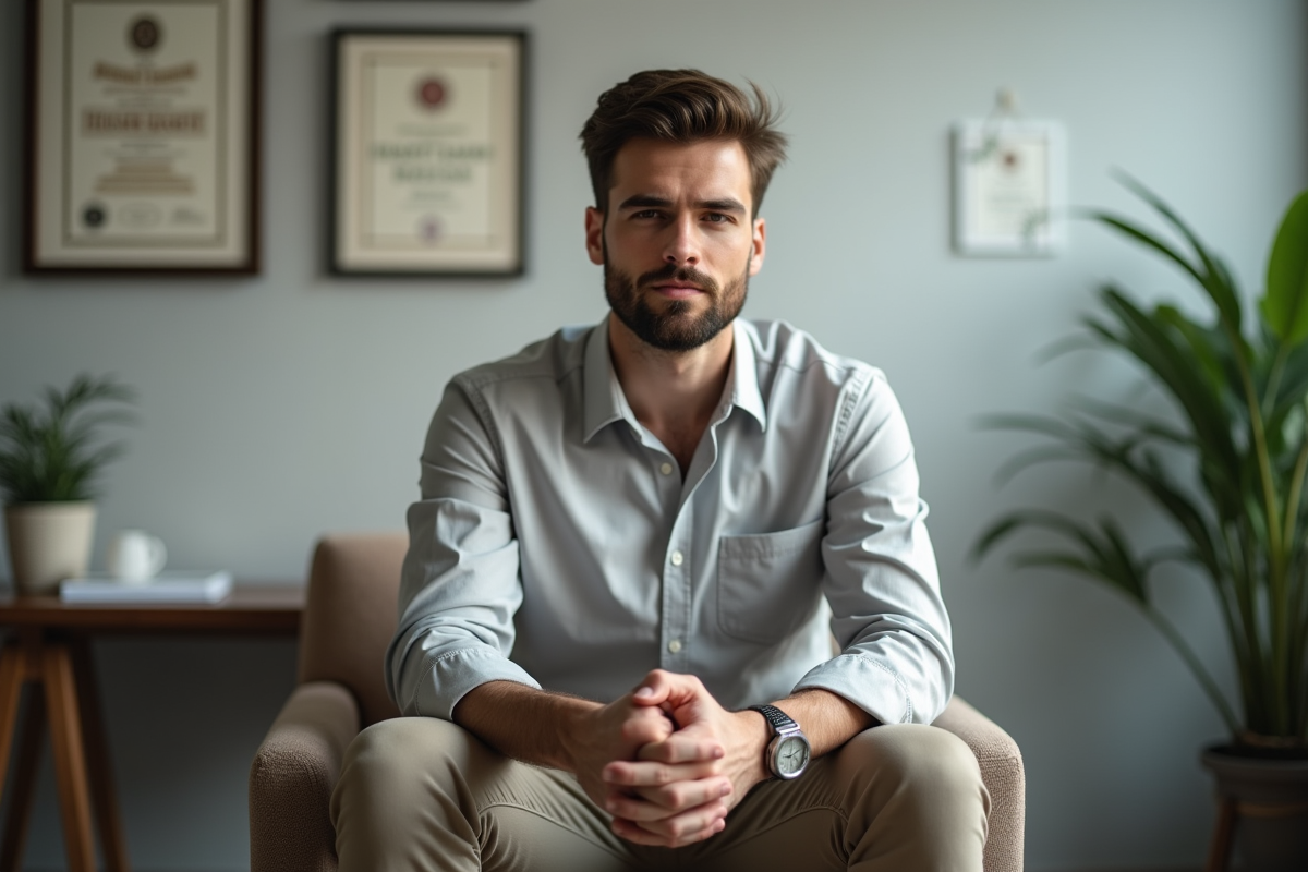 Jeune homme en séance de thérapie dans un cabinet moderne
