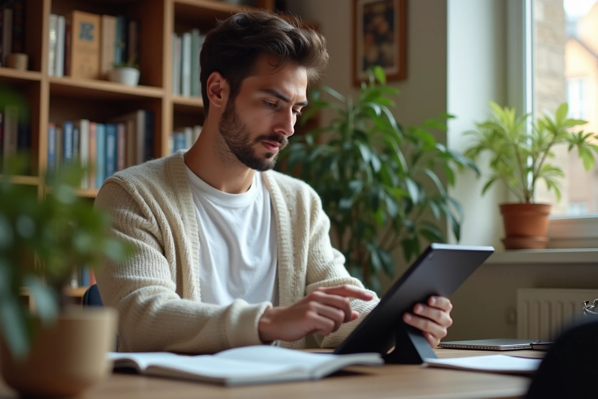 Jeune homme utilisant une tablette pour consulter un tableau de glucides