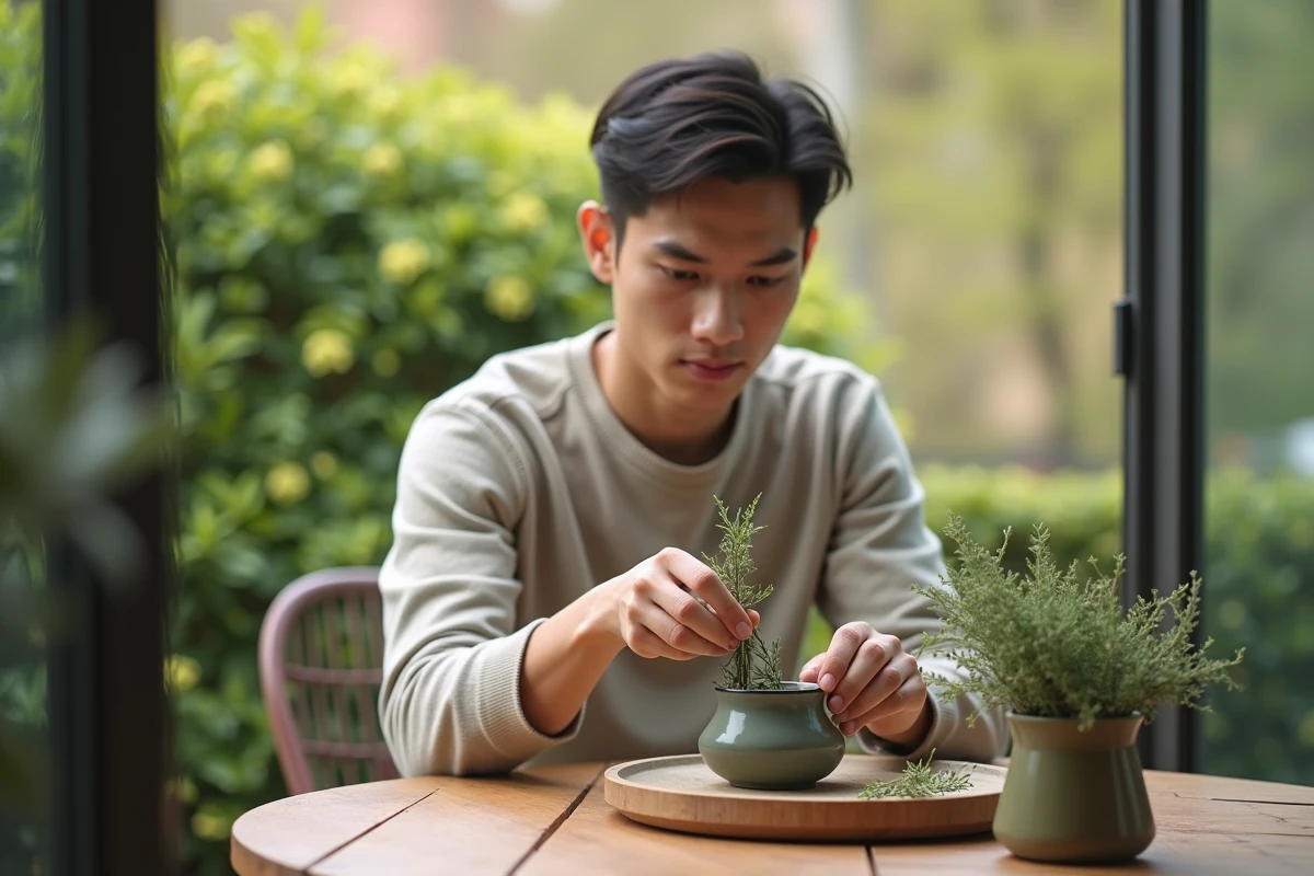 Jeune homme arrangeant des branches de thym sur une table extérieure