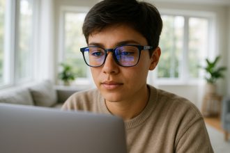 Jeune portant des lunettes bleues travaillant sur un laptop dans un salon lumineux